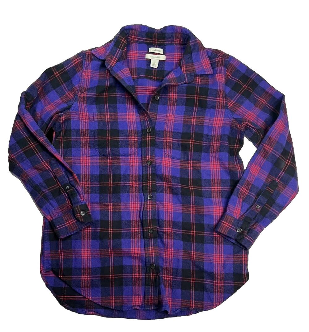 L.L.Bean Scotch Plaid Flannel Shirt Purple Red Size XSP Petite Outdoors Hiking